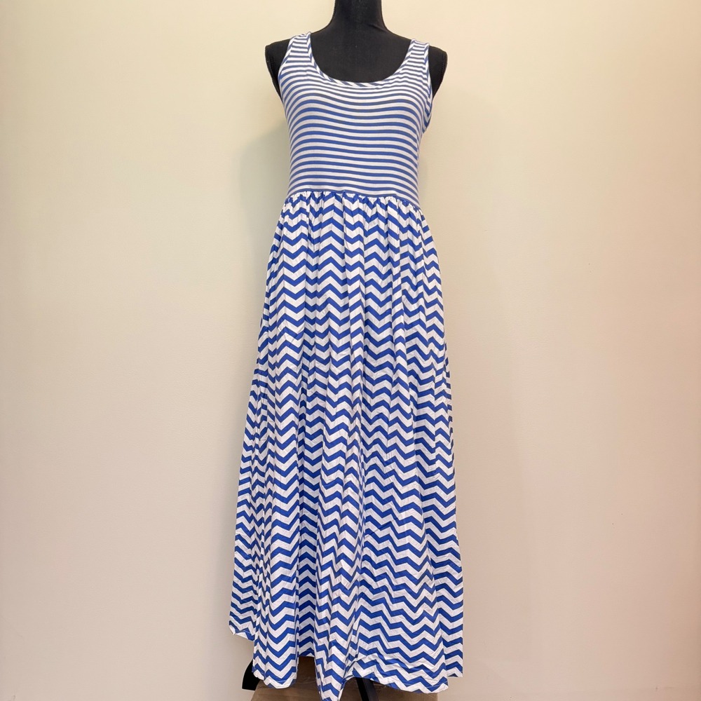Liz Claiborne Blue White‎ Striped Chevron Maxi Dress Womens M Sleeveless Coastal